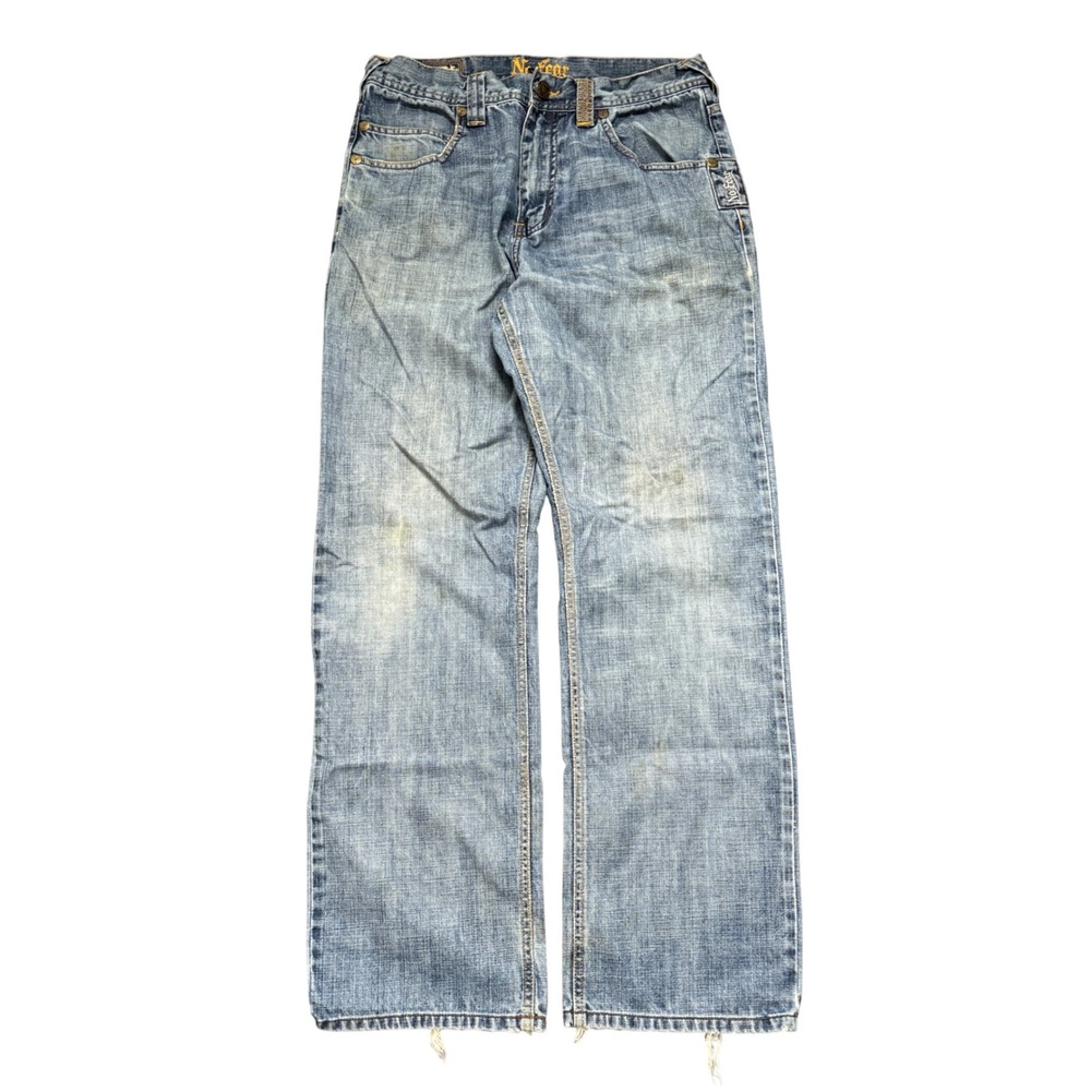 No Fear Mens Baggy Y2K Skater Jeans Blue Distressed Barbed Wire Embroidered 32